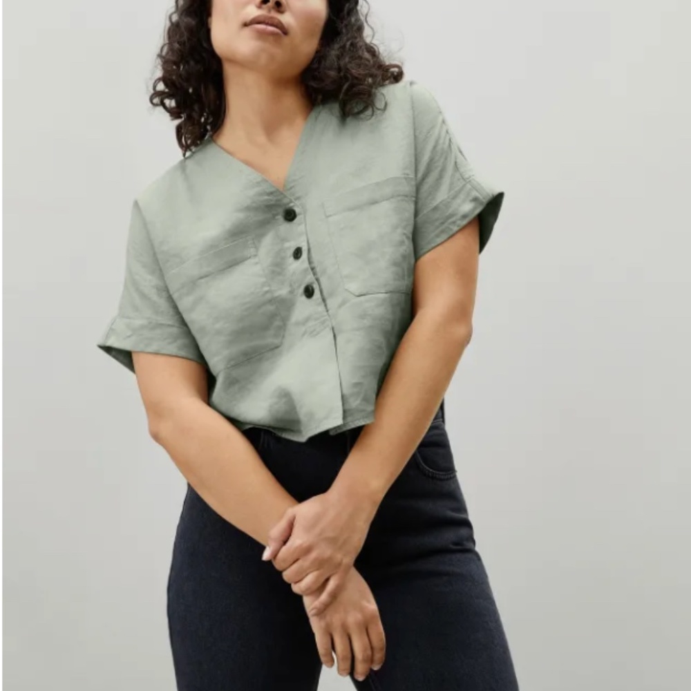 Everlane The Linen Utility Shirt in Sage Green XS